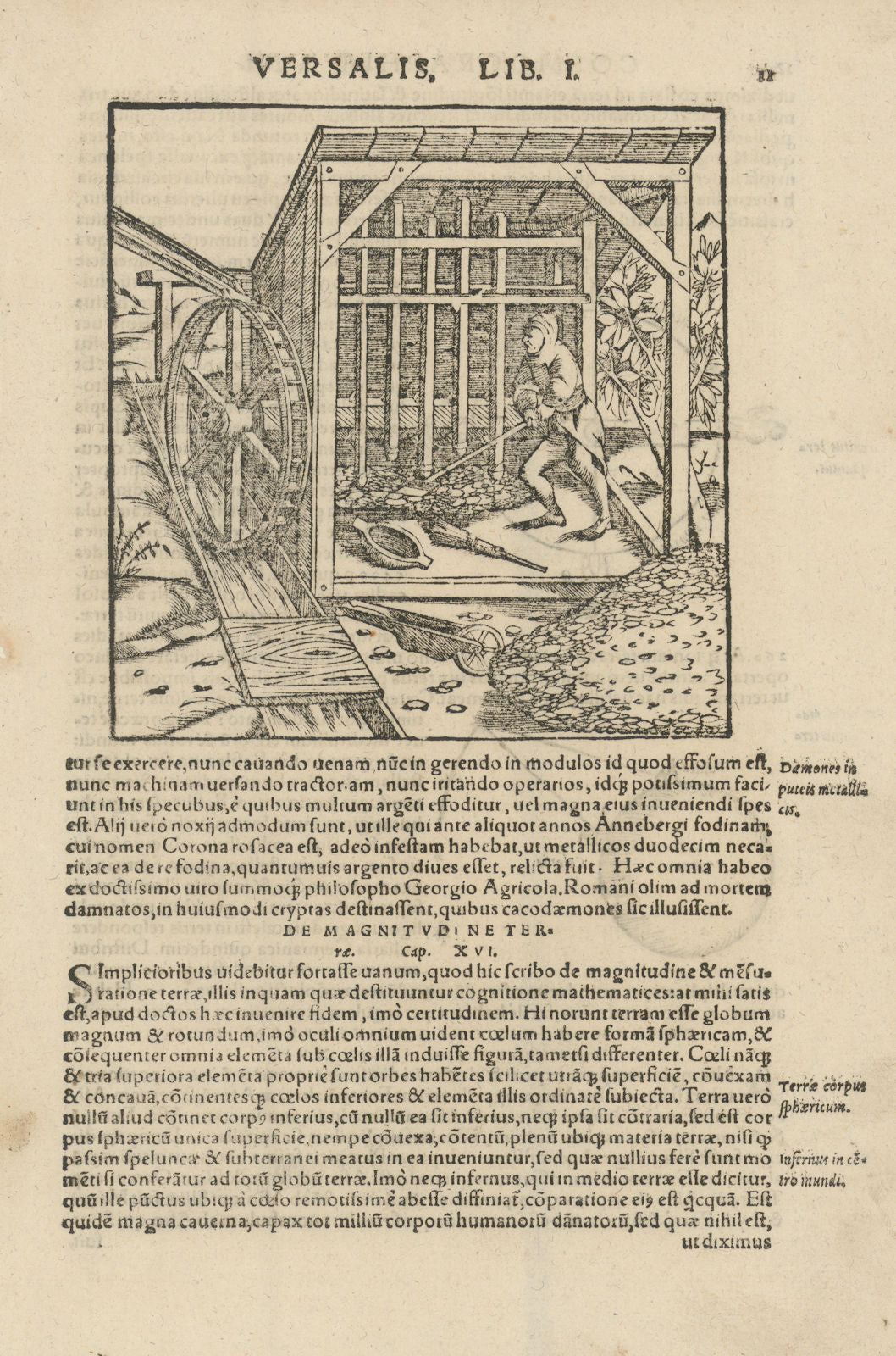 Mining/ metalworking with a water wheel. Europe. SEBASTIAN MÜNSTER 1572 print